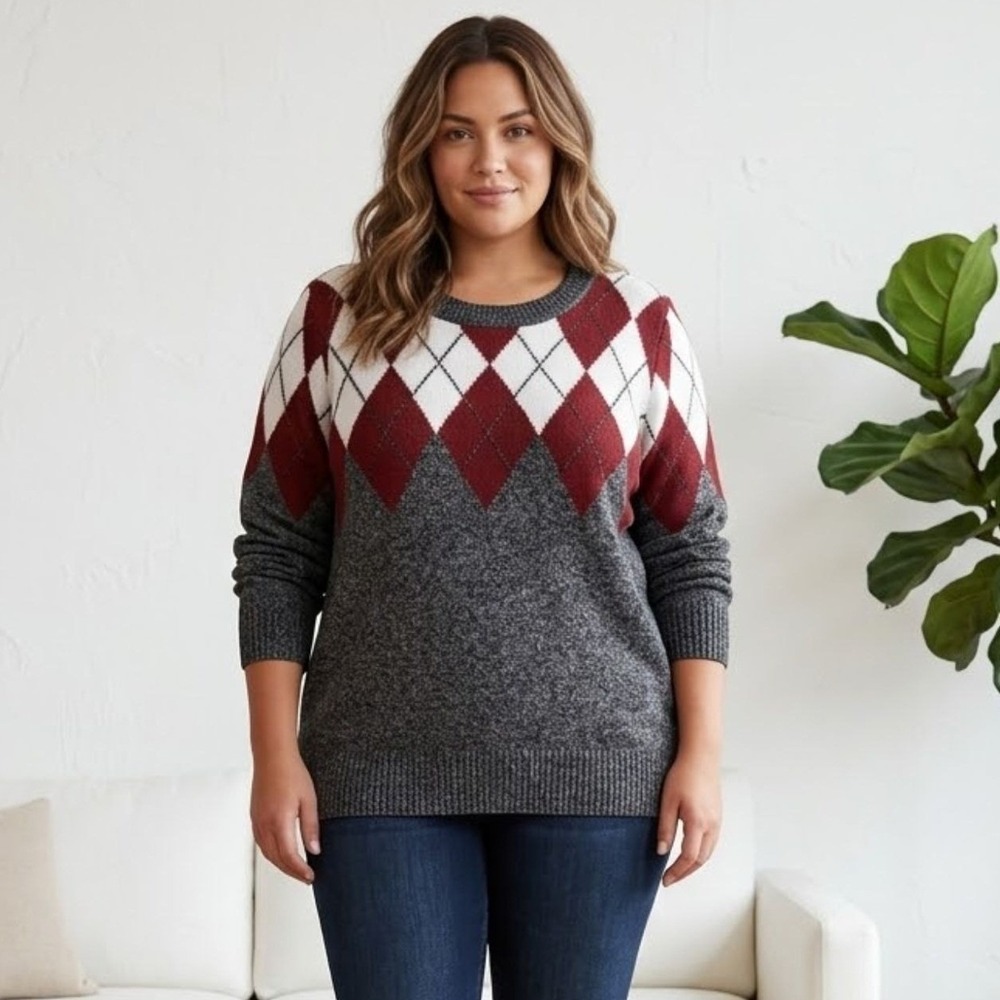 Torrid Argyle Sweater 2x Grey Red White Crew Neck Long Sleeve Plus Size Pullover